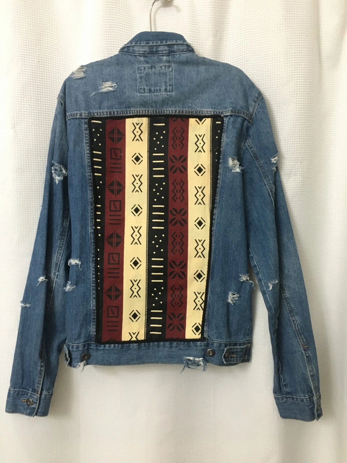 Unisex Jean Jacket Blue Denim Cotton Size Medium African Fabric One of a Kind OOAK