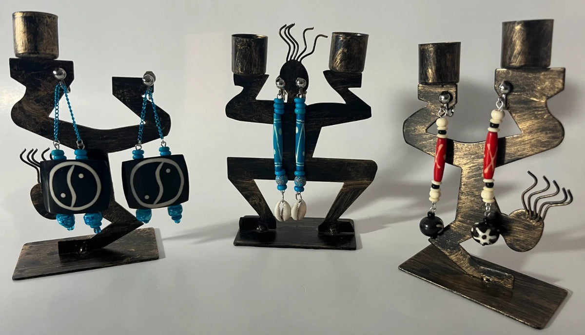 African Bone Cowrie Clip On Earrings 3 Pair Dangles 2-3" Boho Hippie USA Made E3