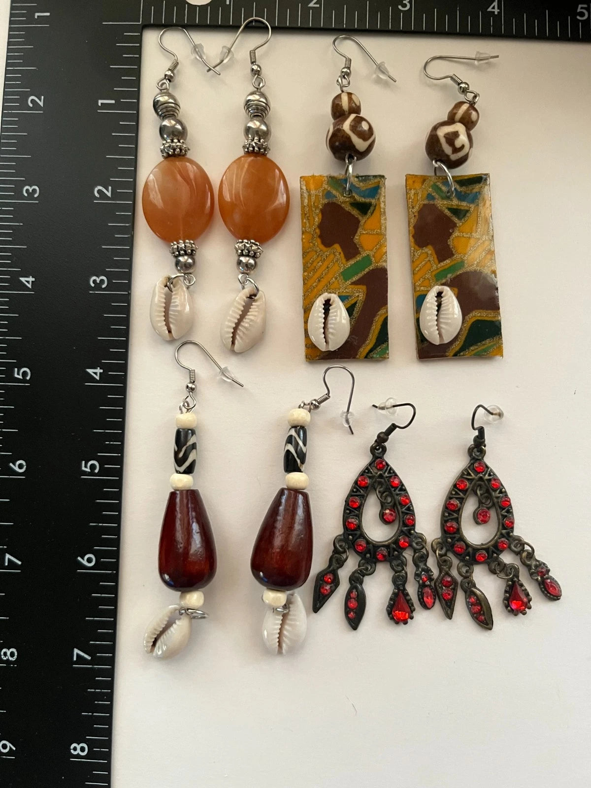 Bone Aventurine Wood Resin Pierced Earrings 4 Pair Dangle 2"-3"USA Made M3