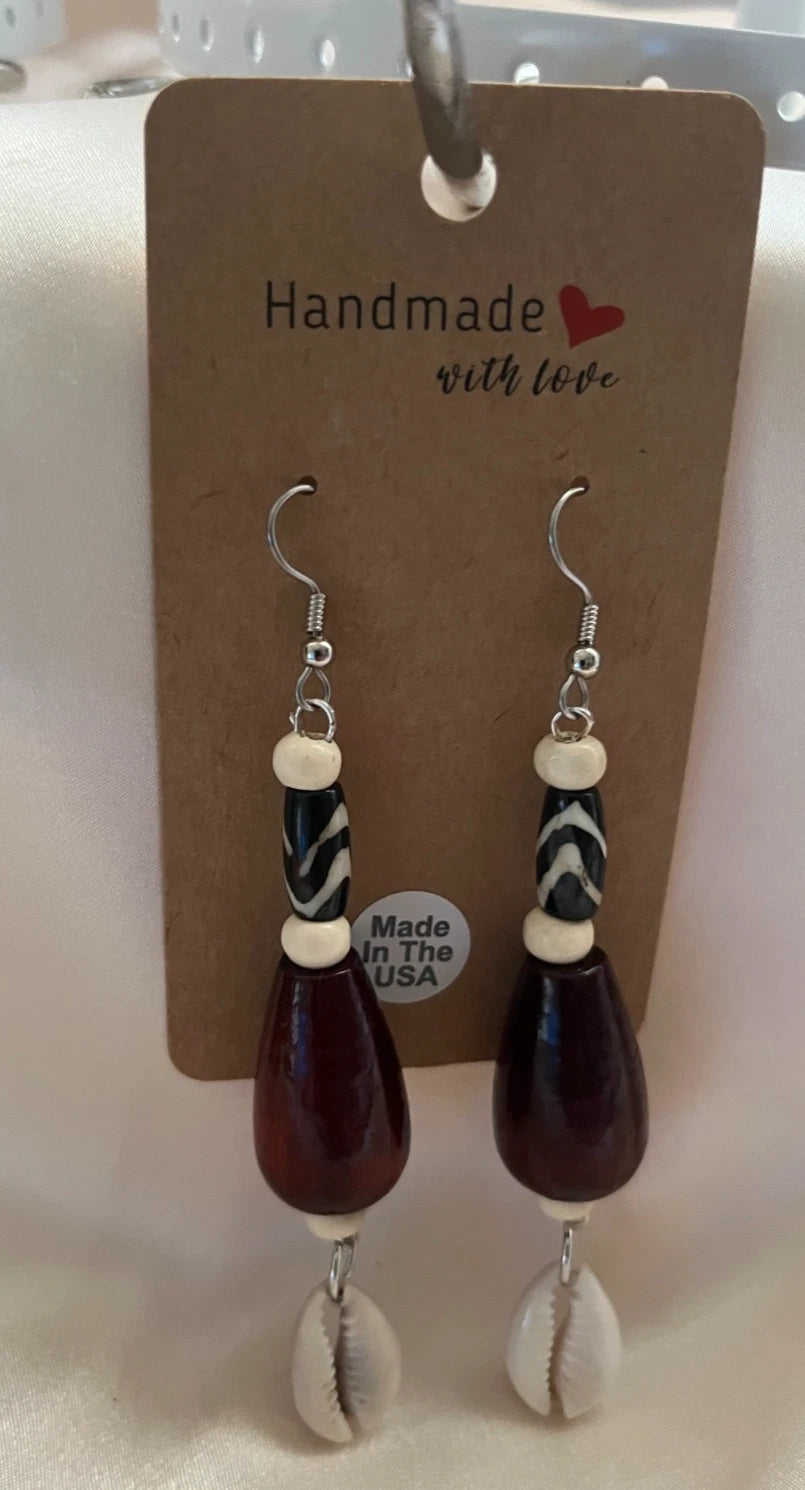 Bone Aventurine Wood Resin Pierced Earrings 4 Pair Dangle 2"-3"USA Made M3