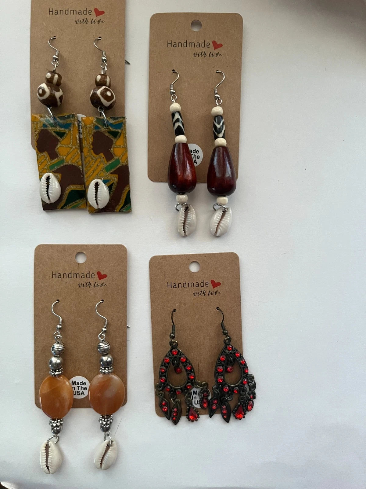 Bone Aventurine Wood Resin Pierced Earrings 4 Pair Dangle 2"-3"USA Made M3