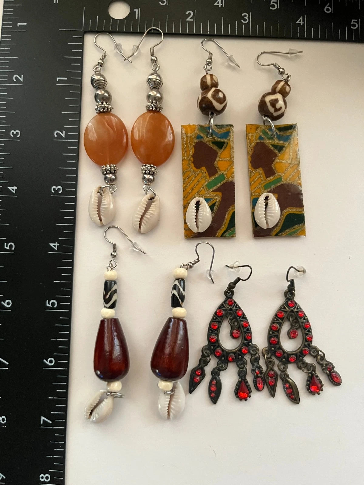 Bone Aventurine Wood Resin Pierced Earrings 4 Pair Dangle 2"-3"USA Made M3