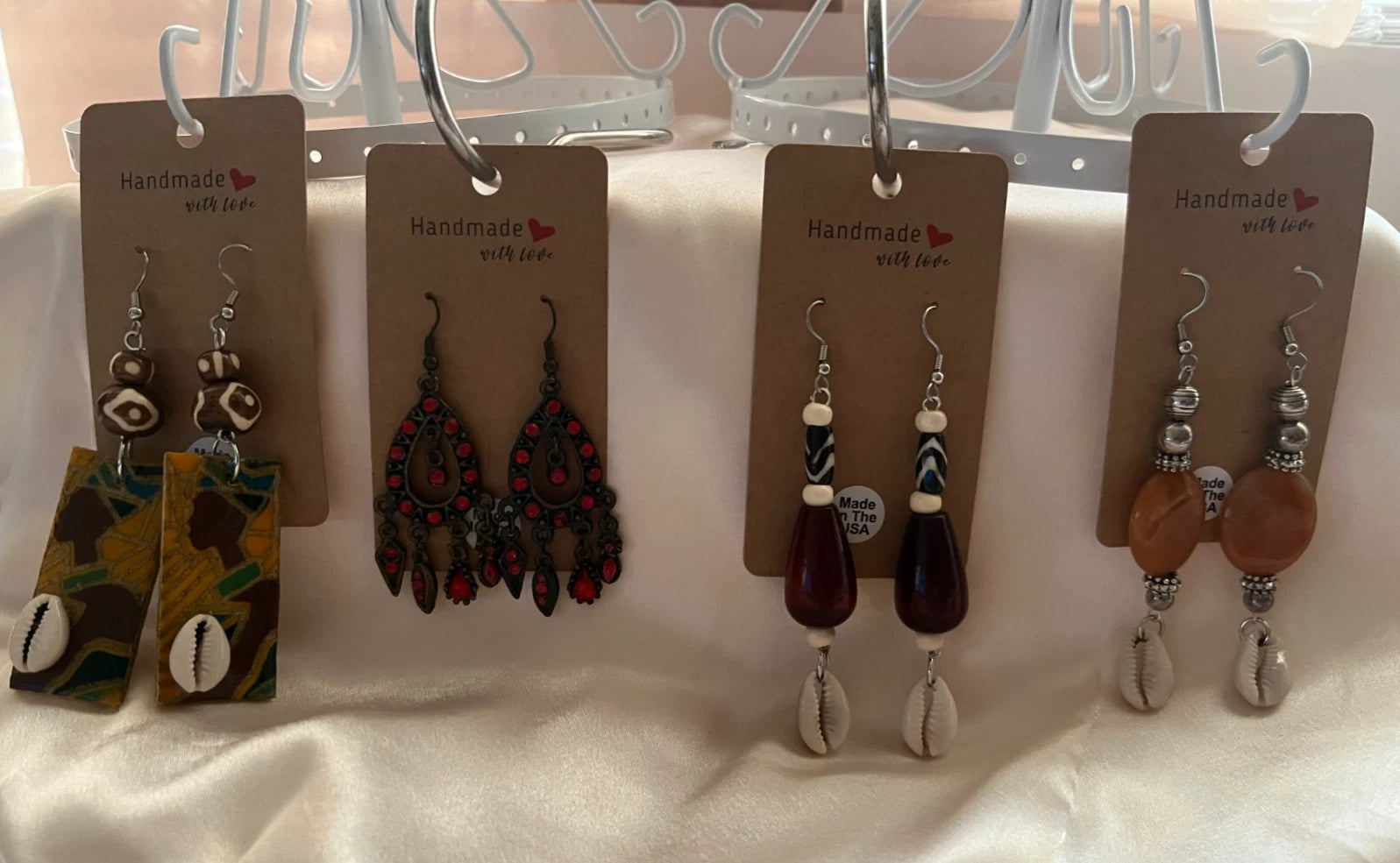 Bone Aventurine Wood Resin Pierced Earrings 4 Pair Dangle 2"-3"USA Made M3