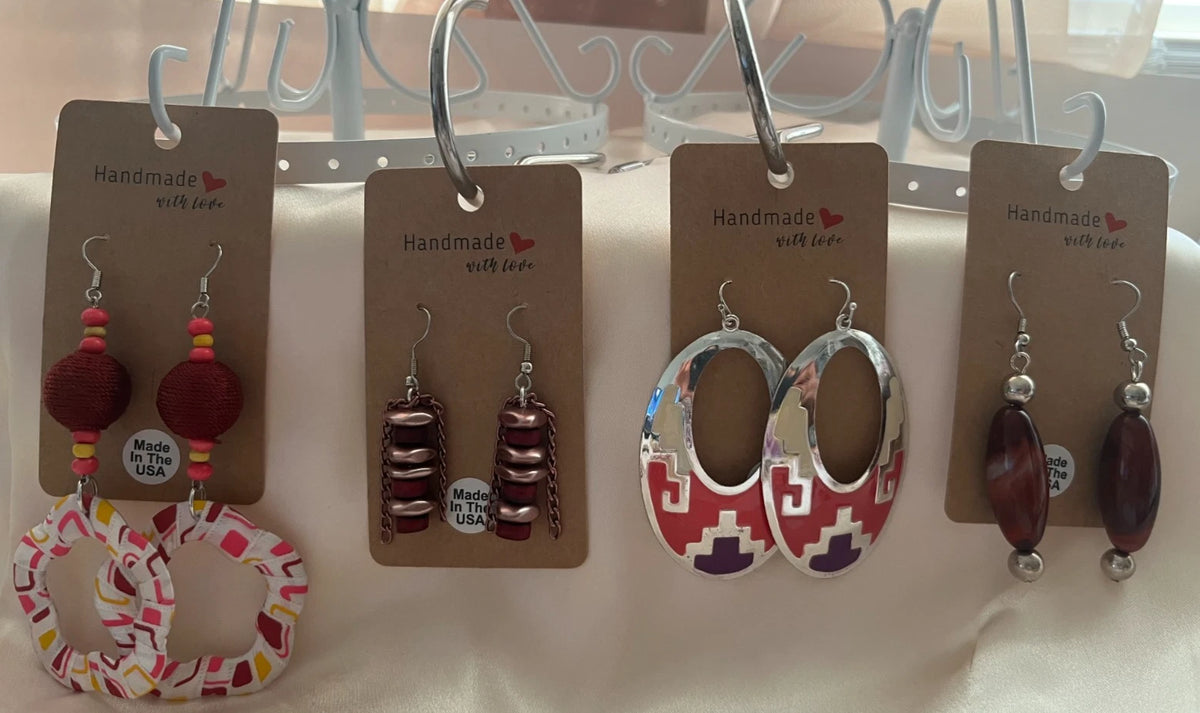 Fabric Metal Resin Pierced Earrings 4 Pair Dangle 2"-3"USA Made M4