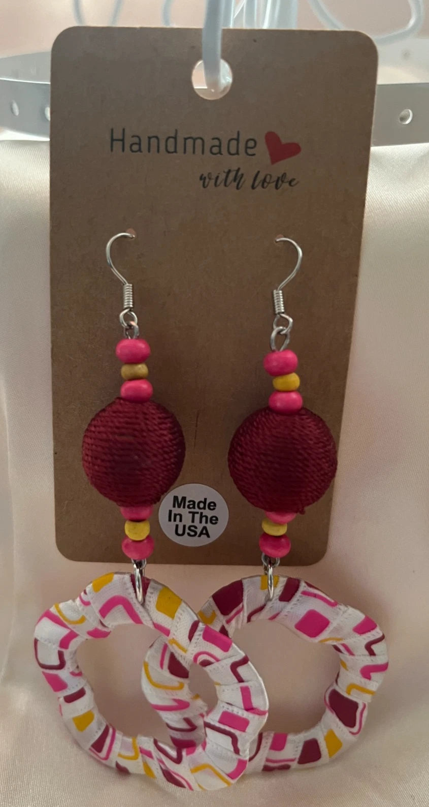 Fabric Metal Resin Pierced Earrings 4 Pair Dangle 2"-3"USA Made M4