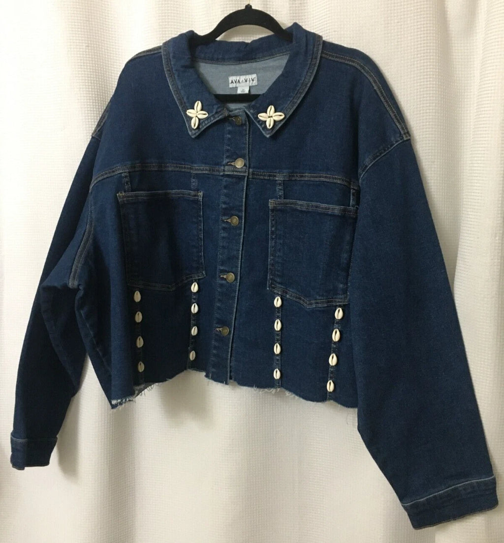 Stretch Jean Jacket Crop Women Plus Sz 4X Blue Denim African Cowrie Shells OOAK Back2School