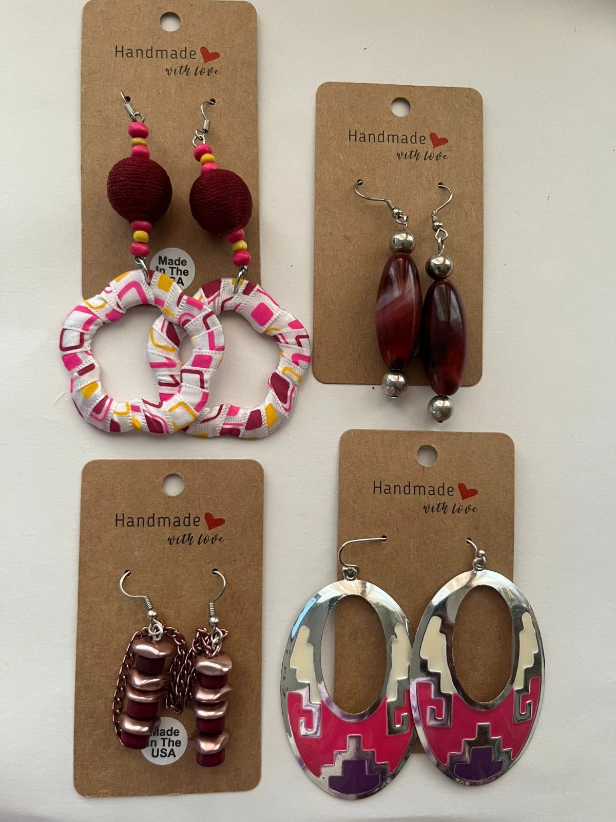 Fabric Metal Resin Pierced Earrings 4 Pair Dangle 2"-3"USA Made M4