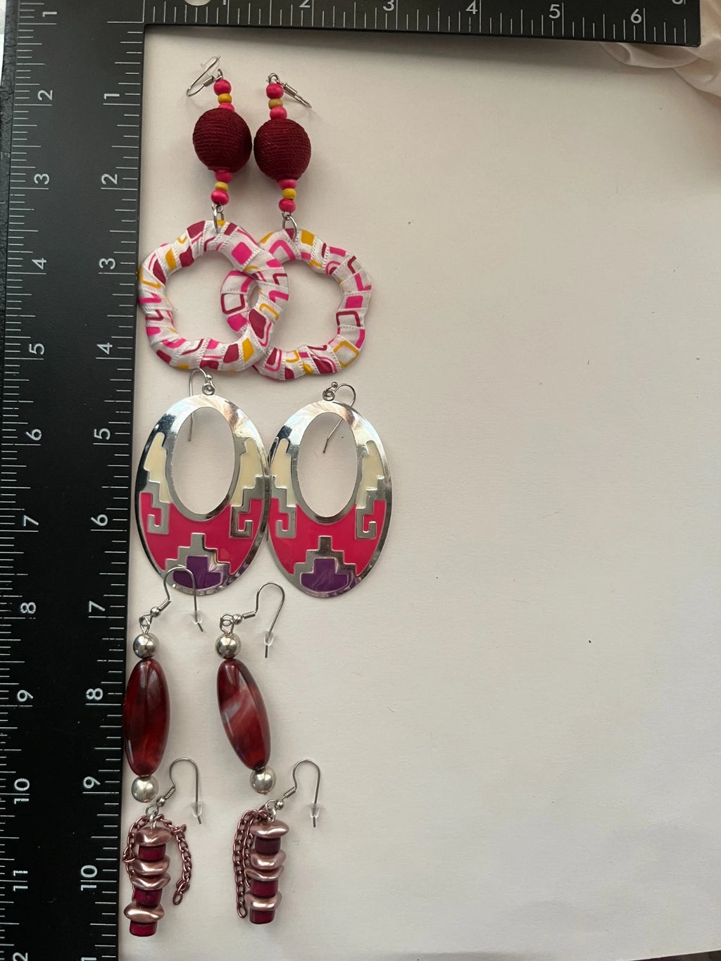 Fabric Metal Resin Pierced Earrings 4 Pair Dangle 2"-3"USA Made M4
