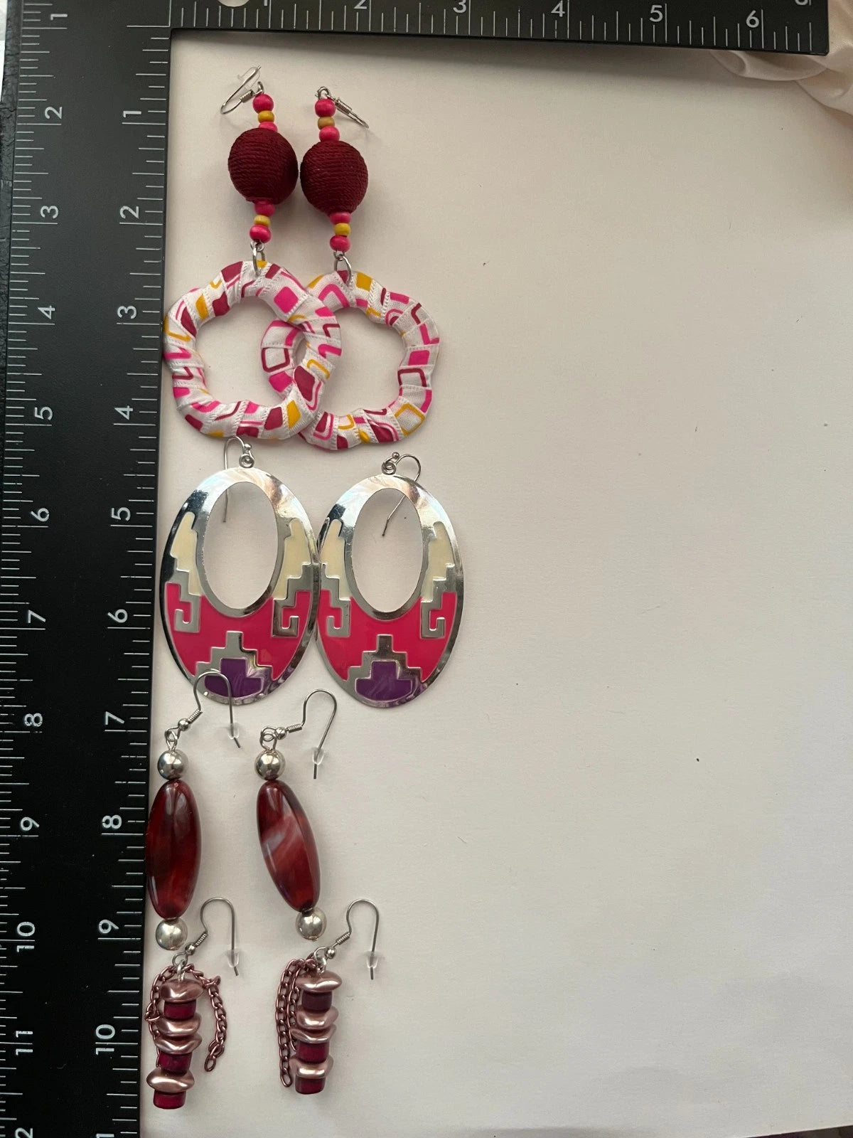 Fabric Metal Resin Pierced Earrings 4 Pair Dangle 2"-3"USA Made M4