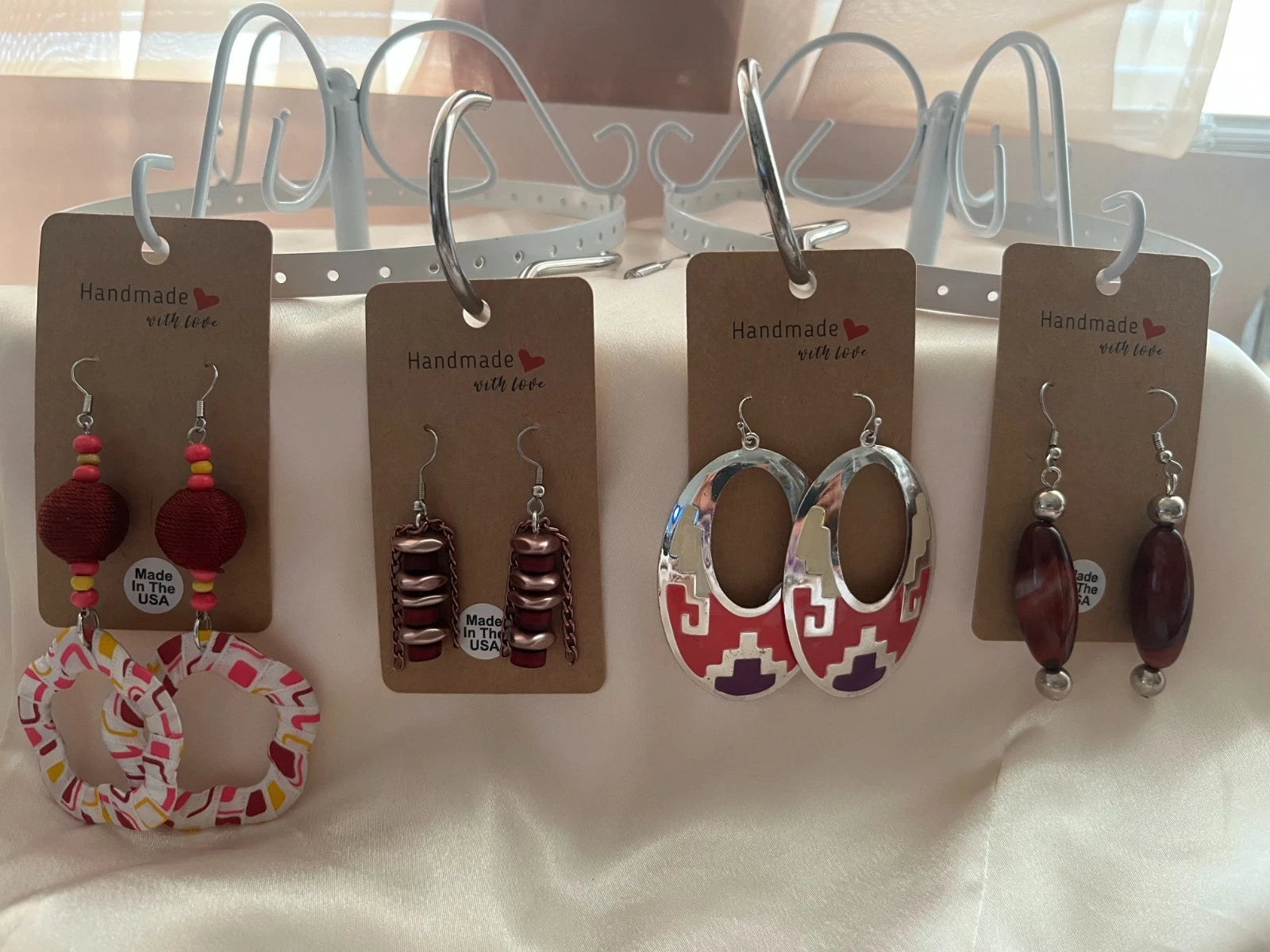 Fabric Metal Resin Pierced Earrings 4 Pair Dangle 2"-3"USA Made M4