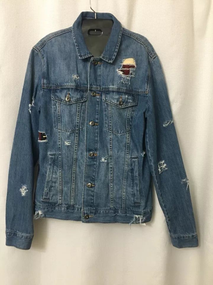 Unisex Jean Jacket Blue Denim Cotton Size Medium African Fabric One of a Kind OOAK