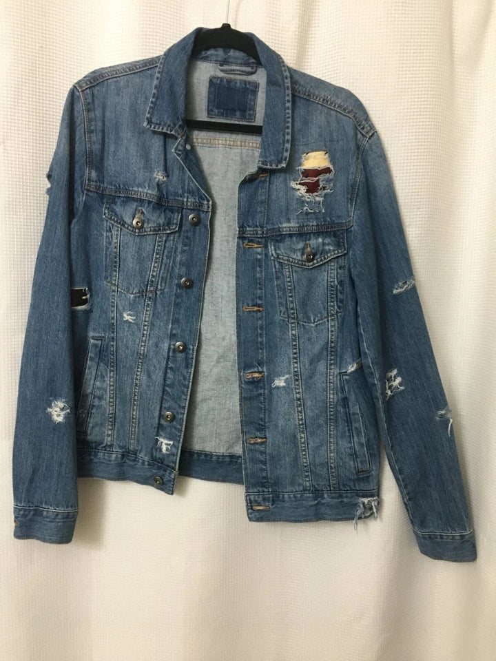 Unisex Jean Jacket Blue Denim Cotton Size Medium African Fabric One of a Kind OOAK