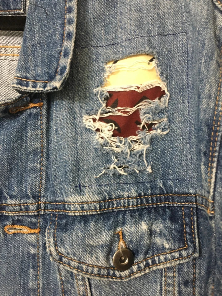 Unisex Jean Jacket Blue Denim Cotton Size Medium African Fabric One of a Kind OOAK