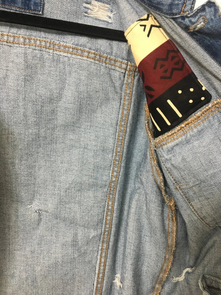 Unisex Jean Jacket Blue Denim Cotton Size Medium African Fabric One of a Kind OOAK