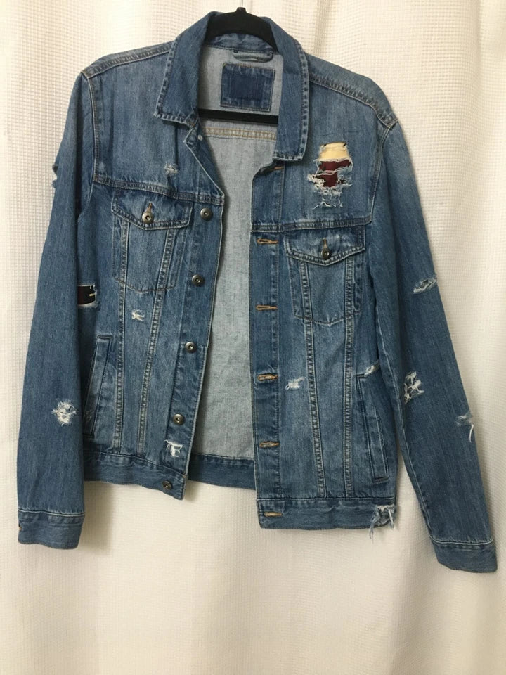 Unisex Jean Jacket Blue Denim Cotton Size Medium African Fabric One of a Kind OOAK