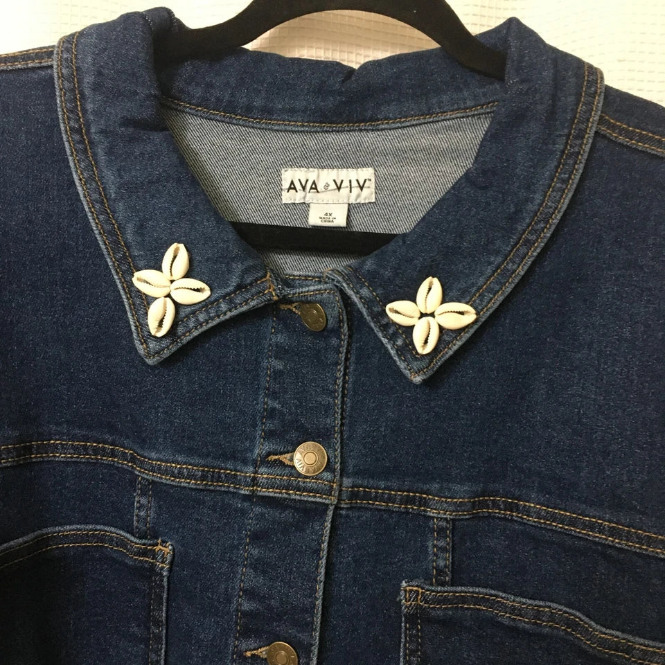 Stretch Jean Jacket Crop Women Plus Sz 4X Blue Denim African Cowrie Shells OOAK Back2School