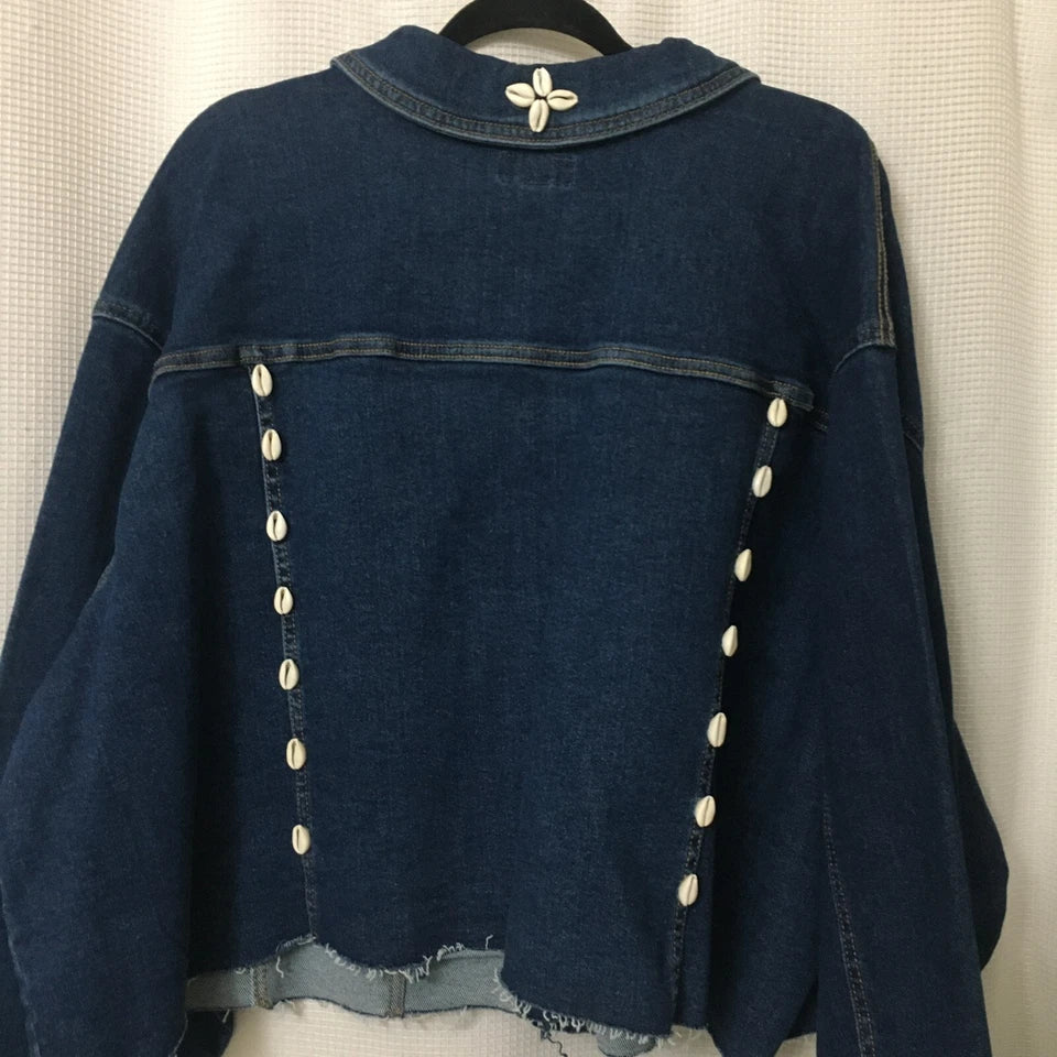 Stretch Jean Jacket Crop Women Plus Sz 4X Blue Denim African Cowrie Shells OOAK Back2School