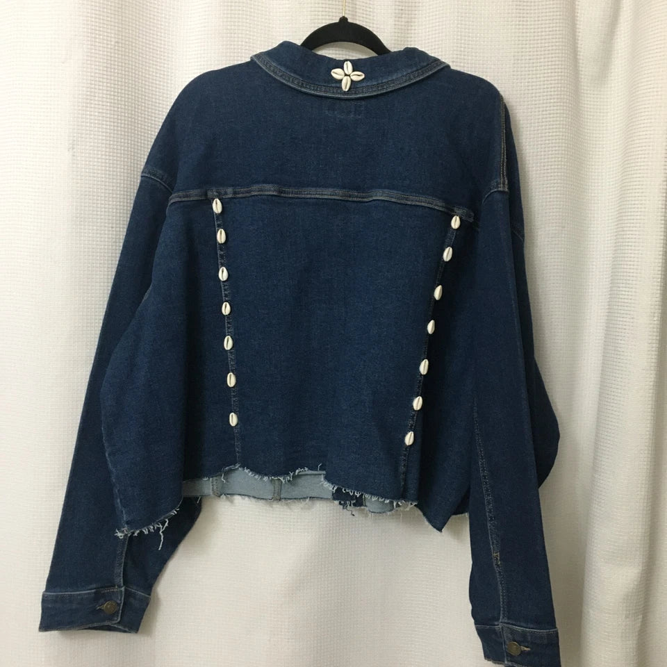 Stretch Jean Jacket Crop Women Plus Sz 4X Blue Denim African Cowrie Shells OOAK Back2School