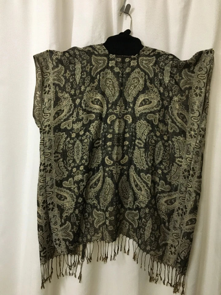 Holiday Kimono Tunic Shawl Cover Up Lg/XL 54WX35L"Black Gray Gold Metallic A11
