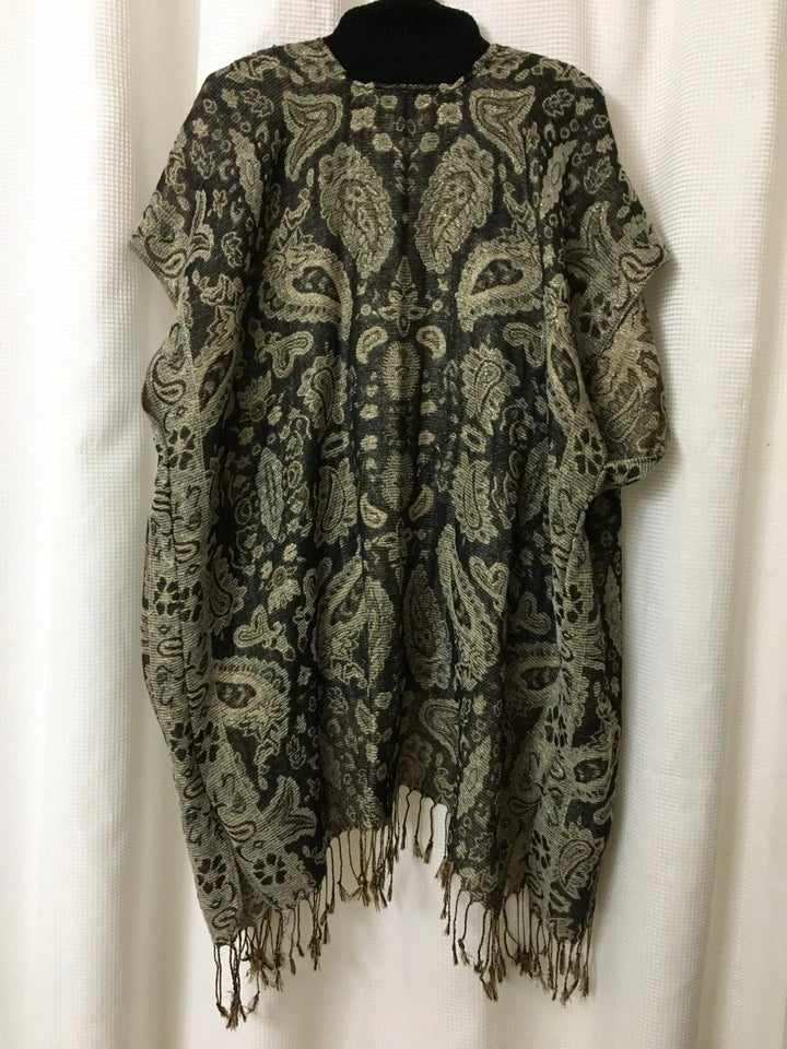 Holiday Kimono Tunic Shawl Cover Up Lg/XL 54WX35L"Black Gray Gold Metallic A11