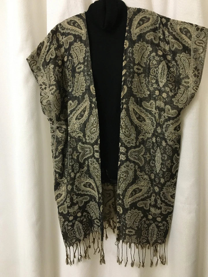 Holiday Kimono Tunic Shawl Cover Up Lg/XL 54WX35L"Black Gray Gold Metallic A11